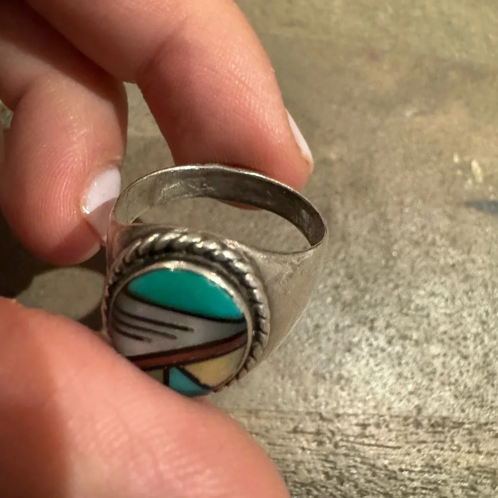 Multi Stone Zuni Inlay Sterling Size 11 RIng 7.4g